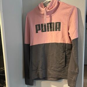Puma Women Grey Pink Pullover Sweatshirt High Neck Drawstrings Logo Size M